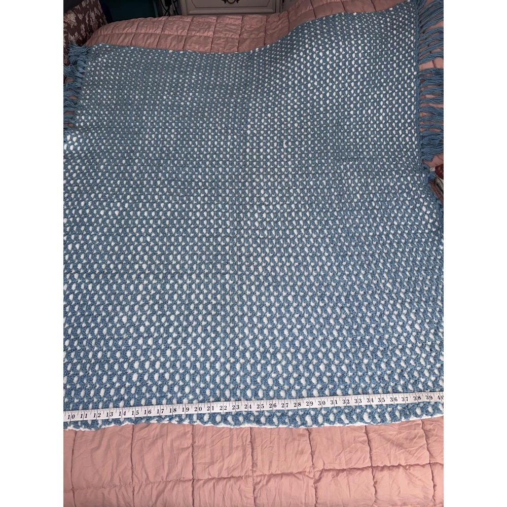 Handmade Crocheted Afghan Blanket Blue & White With Tassels 57x55 Reversible